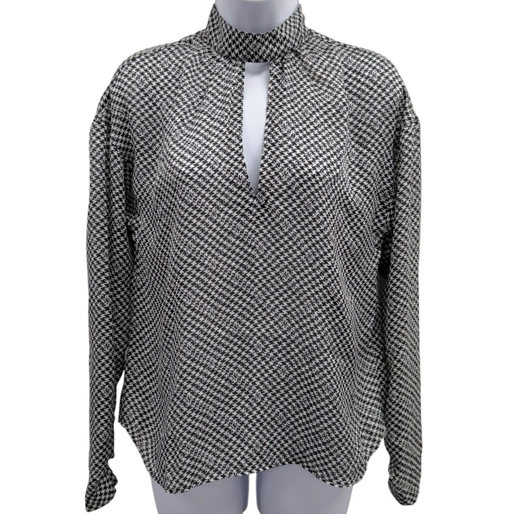 Joie Women's Size Small Deianra Keyhole Houndstooth Blouse Top Color Caviar NWT